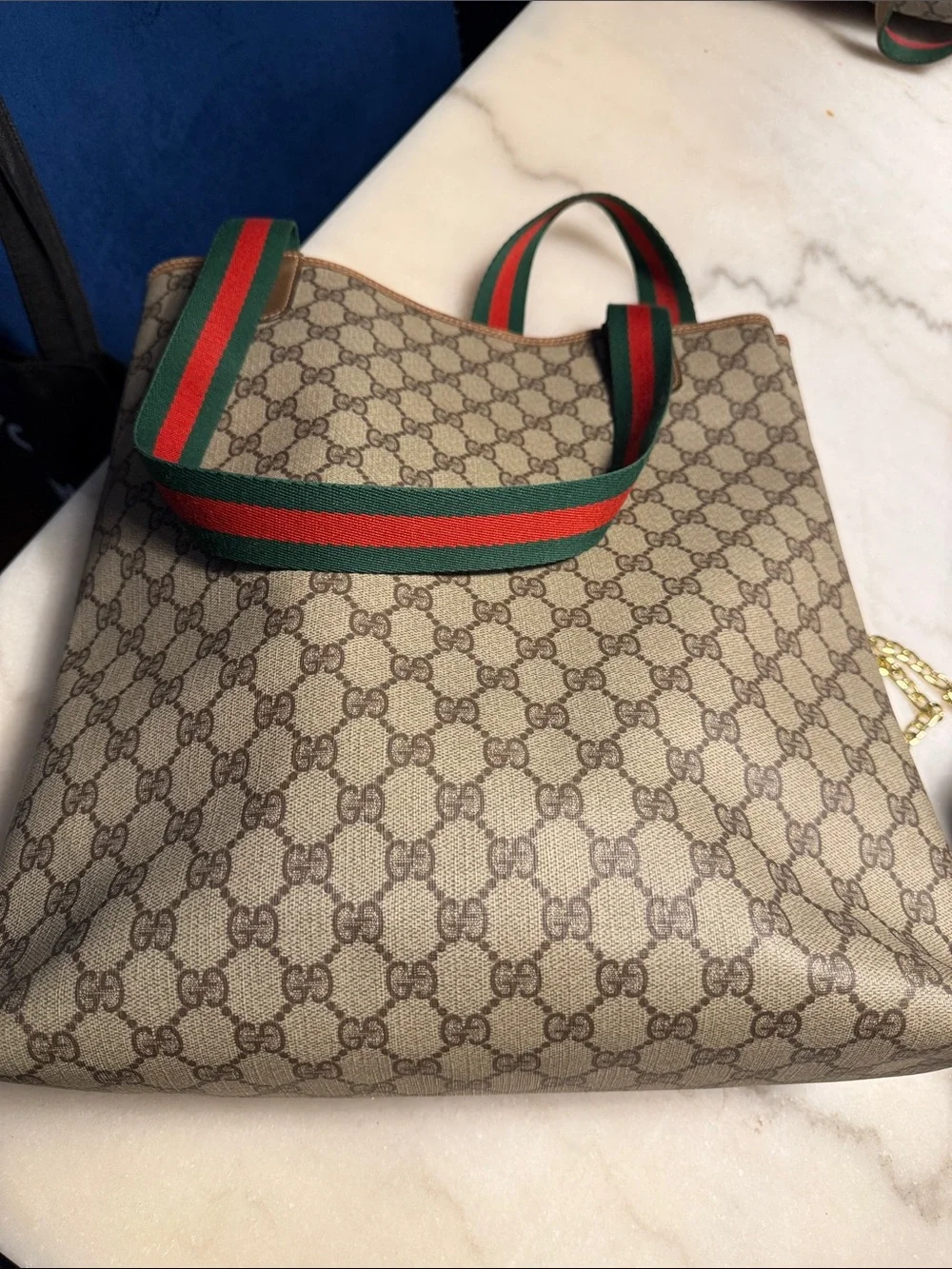 PRE-OWNED Gucci Beige Brown GG Supreme Messenger Tote with Green-Red Web Straps